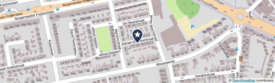 Kaartweergave Adriaen Brouwerstraat in Roosendaal